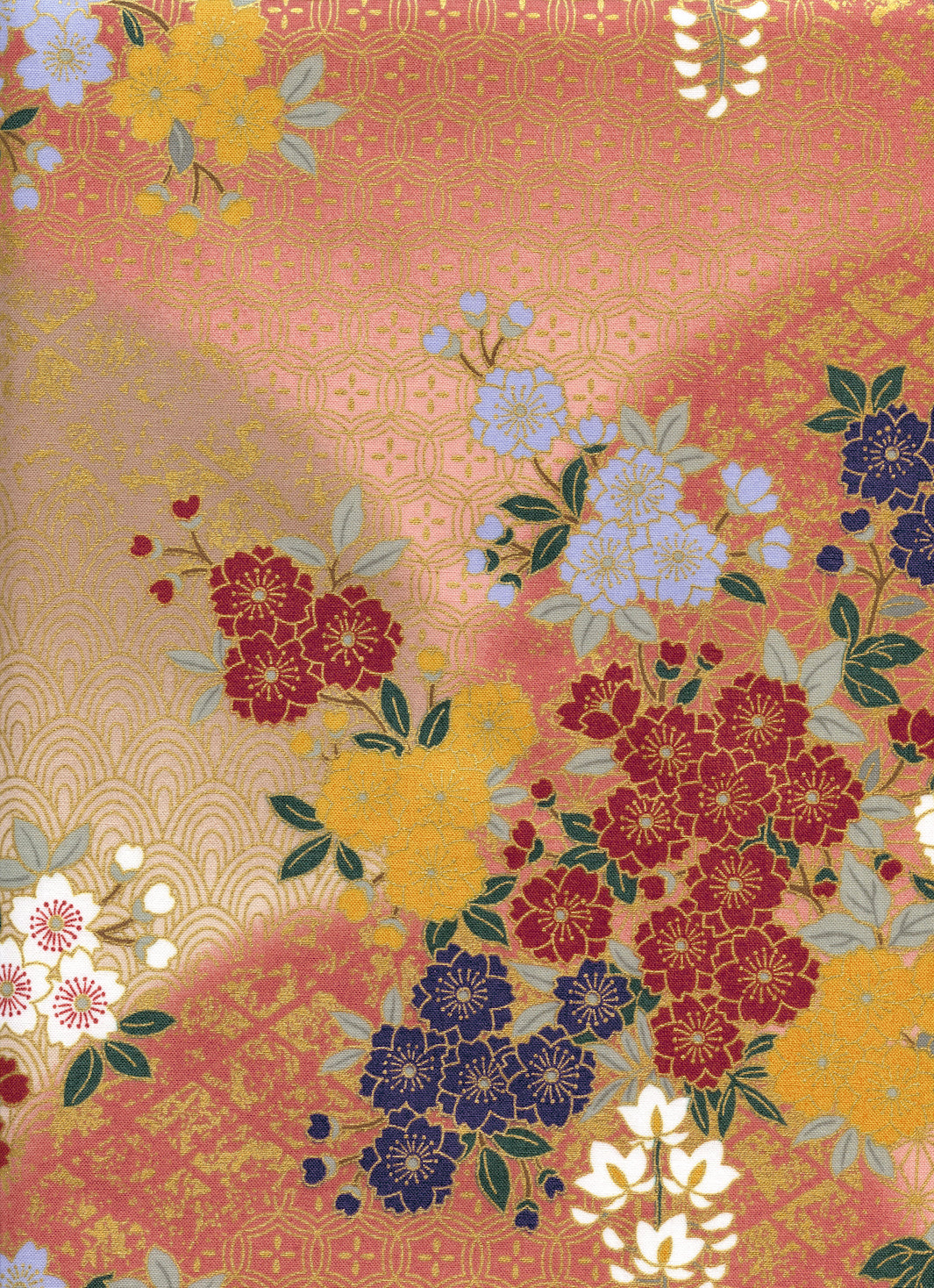 Tissu Japonais - Fleurs de Cerisier, Glycines et Lierres - Rose, Taupe, Rouge et Bleu - T527