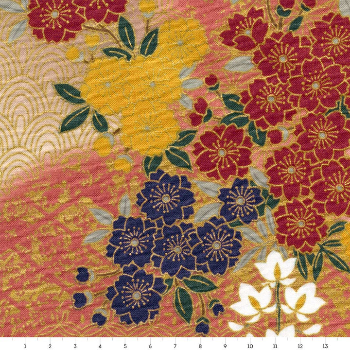 Tissu Japonais - Fleurs de Cerisier, Glycines et Lierres - Rose, Taupe, Rouge et Bleu - T527