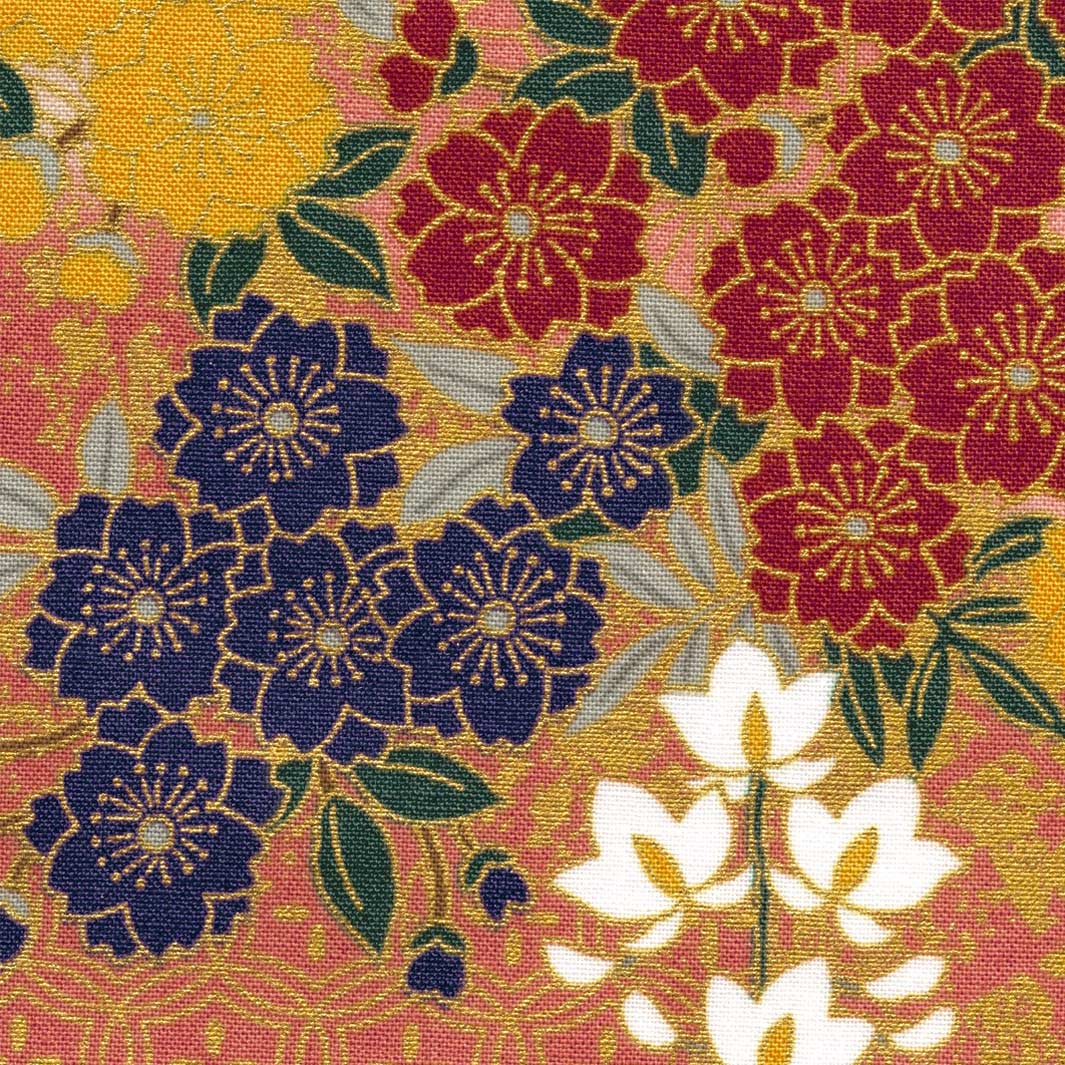 Tissu Japonais - Fleurs de Cerisier, Glycines et Lierres - Rose, Taupe, Rouge et Bleu - T527