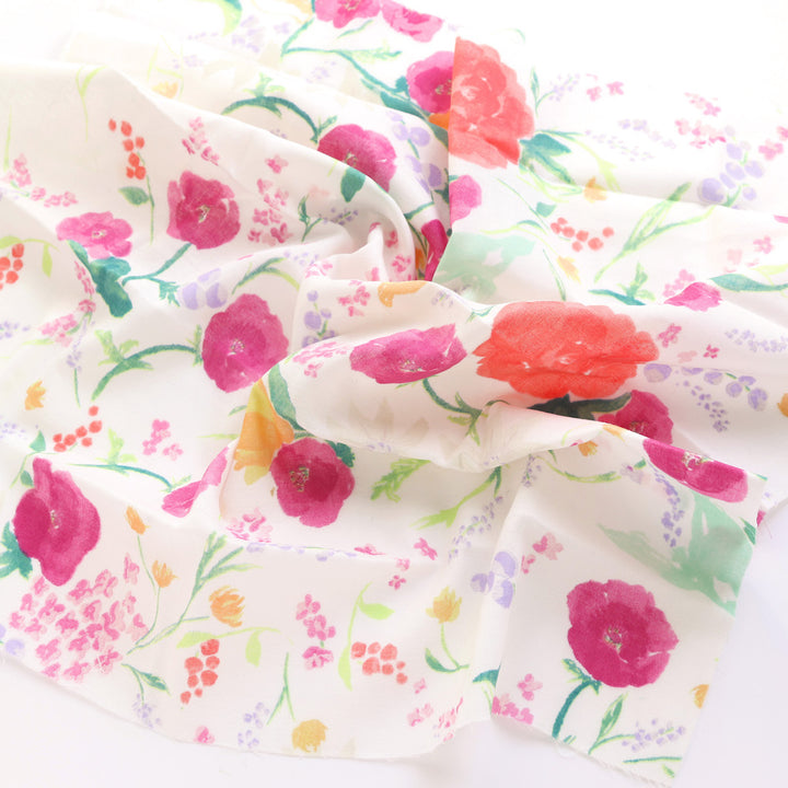Tissu Japonais - Fleurs Aquarelle - Magenta, Rouge Orangé, Jaune et Vert - T534