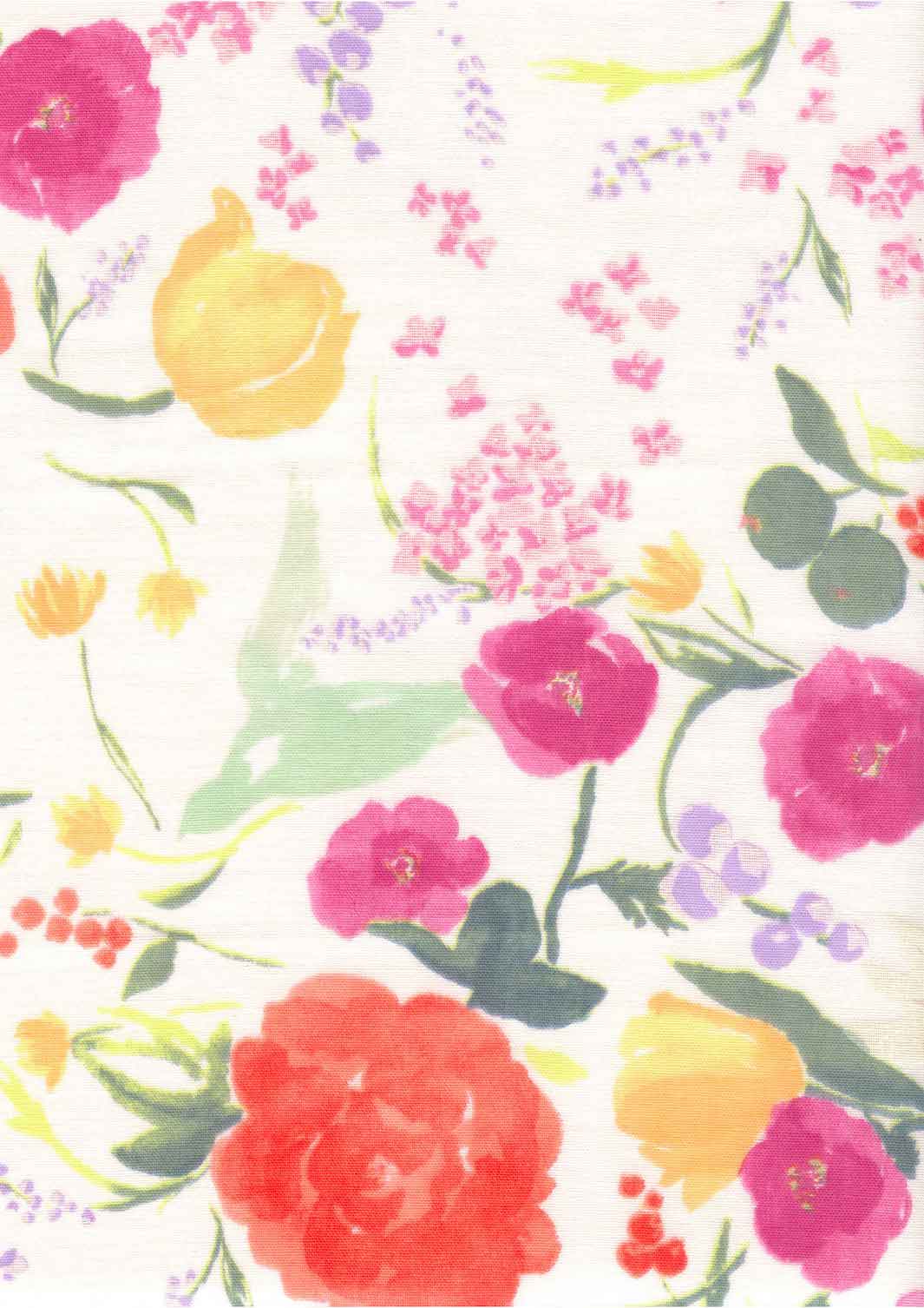 Tissu Japonais - Fleurs Aquarelle - Magenta, Rouge Orangé, Jaune et Vert - T534