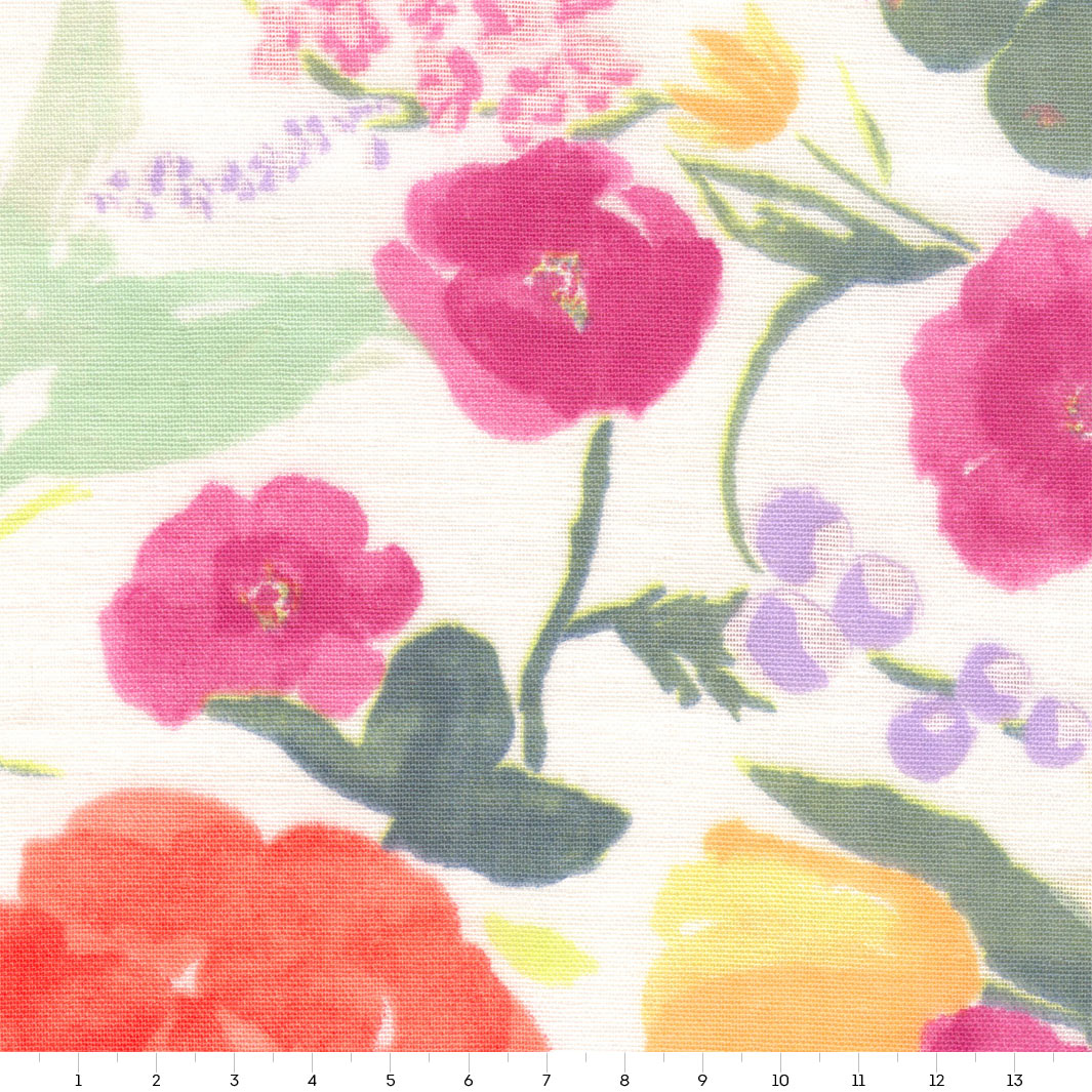 Tissu Japonais - Fleurs Aquarelle - Magenta, Rouge Orangé, Jaune et Vert - T534