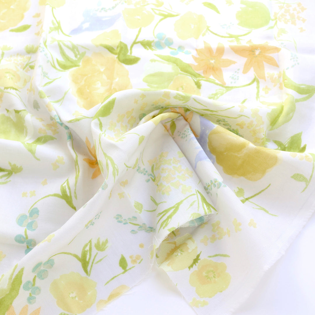 Tissu Japonais - Fleurs Aquarelle - Jaune et Vert Acidulé, Bleu Gris et Gris Perle - T535