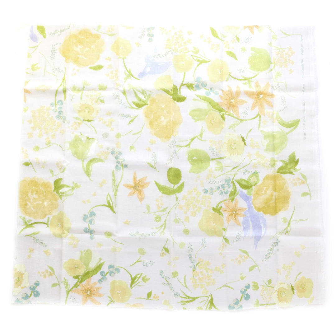 Tissu Japonais - Fleurs Aquarelle - Jaune et Vert Acidulé, Bleu Gris et Gris Perle - T535
