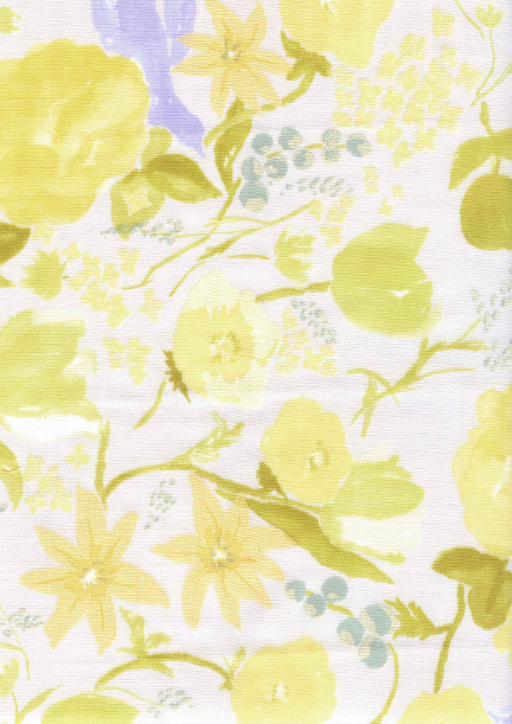 Tissu Japonais - Fleurs Aquarelle - Jaune et Vert Acidulé, Bleu Gris et Gris Perle - T535