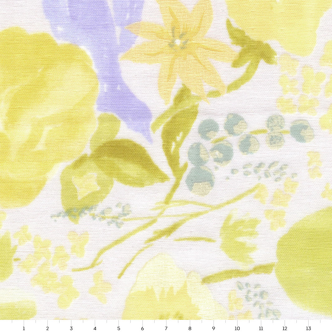 Tissu Japonais - Fleurs Aquarelle - Jaune et Vert Acidulé, Bleu Gris et Gris Perle - T535