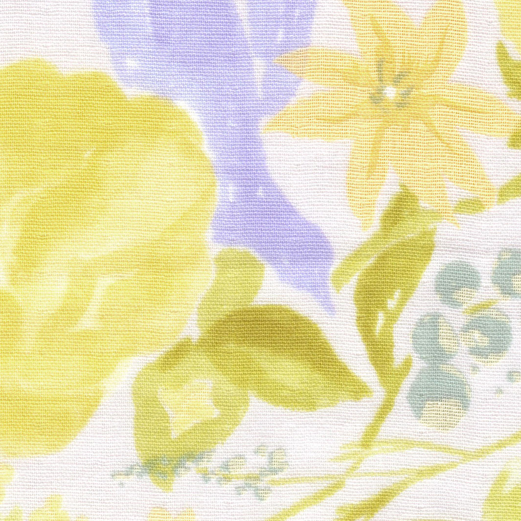 Tissu Japonais - Fleurs Aquarelle - Jaune et Vert Acidulé, Bleu Gris et Gris Perle - T535