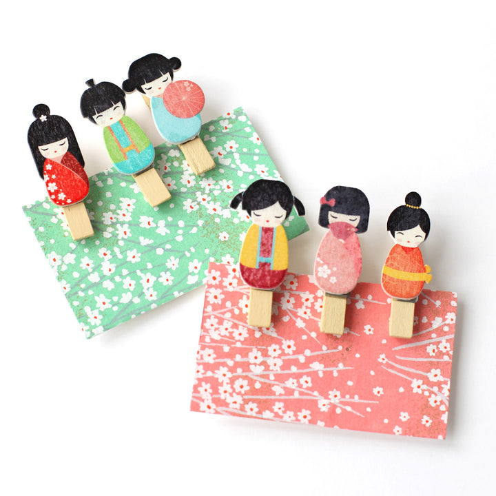 Lot de 3 pinces décoratives en bois - Kokeshi - Tons Chauds