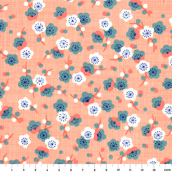Papier Japonais - Fleurs de Prunier Rétro - Rose Saumon et Bleu Canard - M792