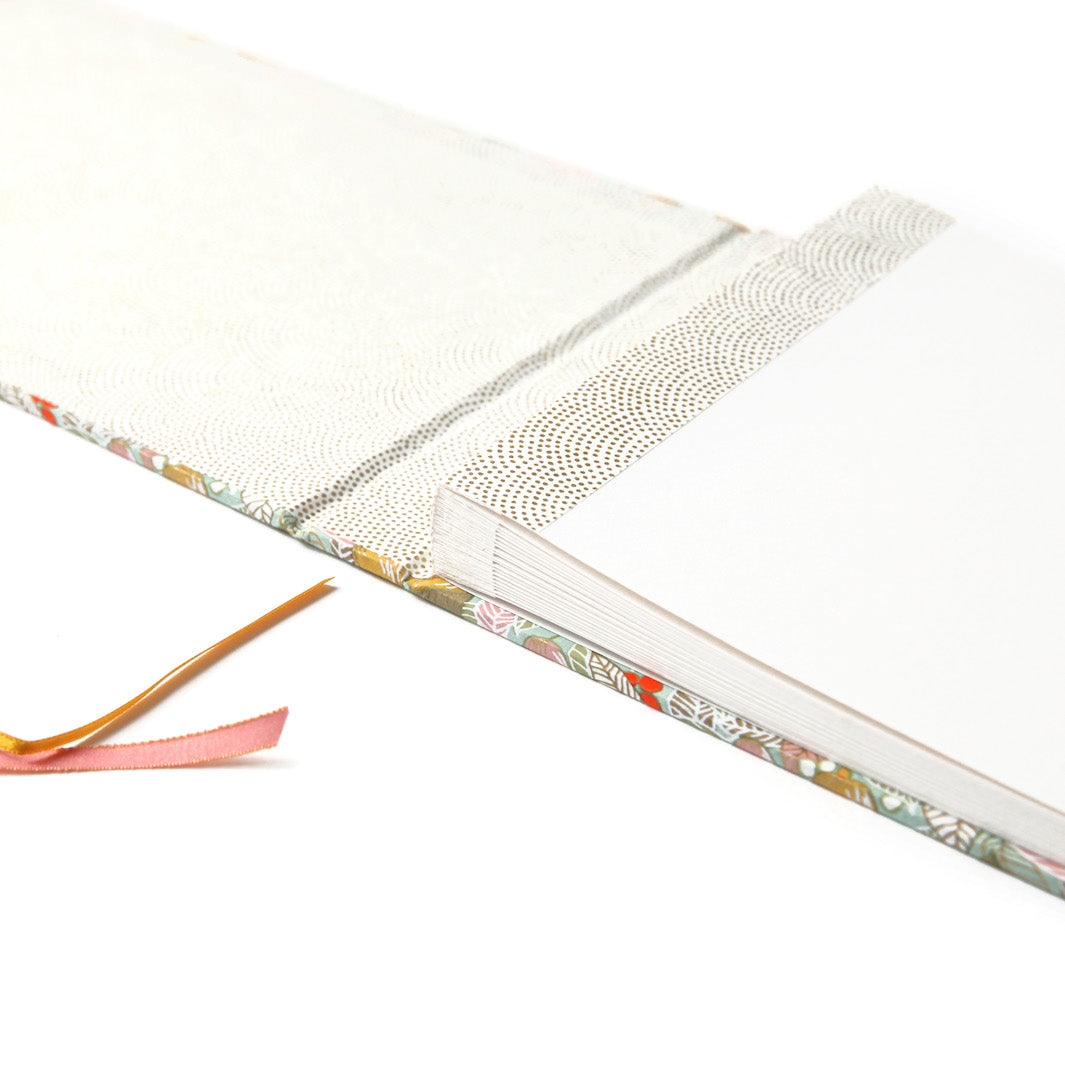 Album Photo en Papier Japonais - Feuilles, Baies et Fruits - Vert Sauge, Rose et Jaune Paille - M898 - Petit Rectangle