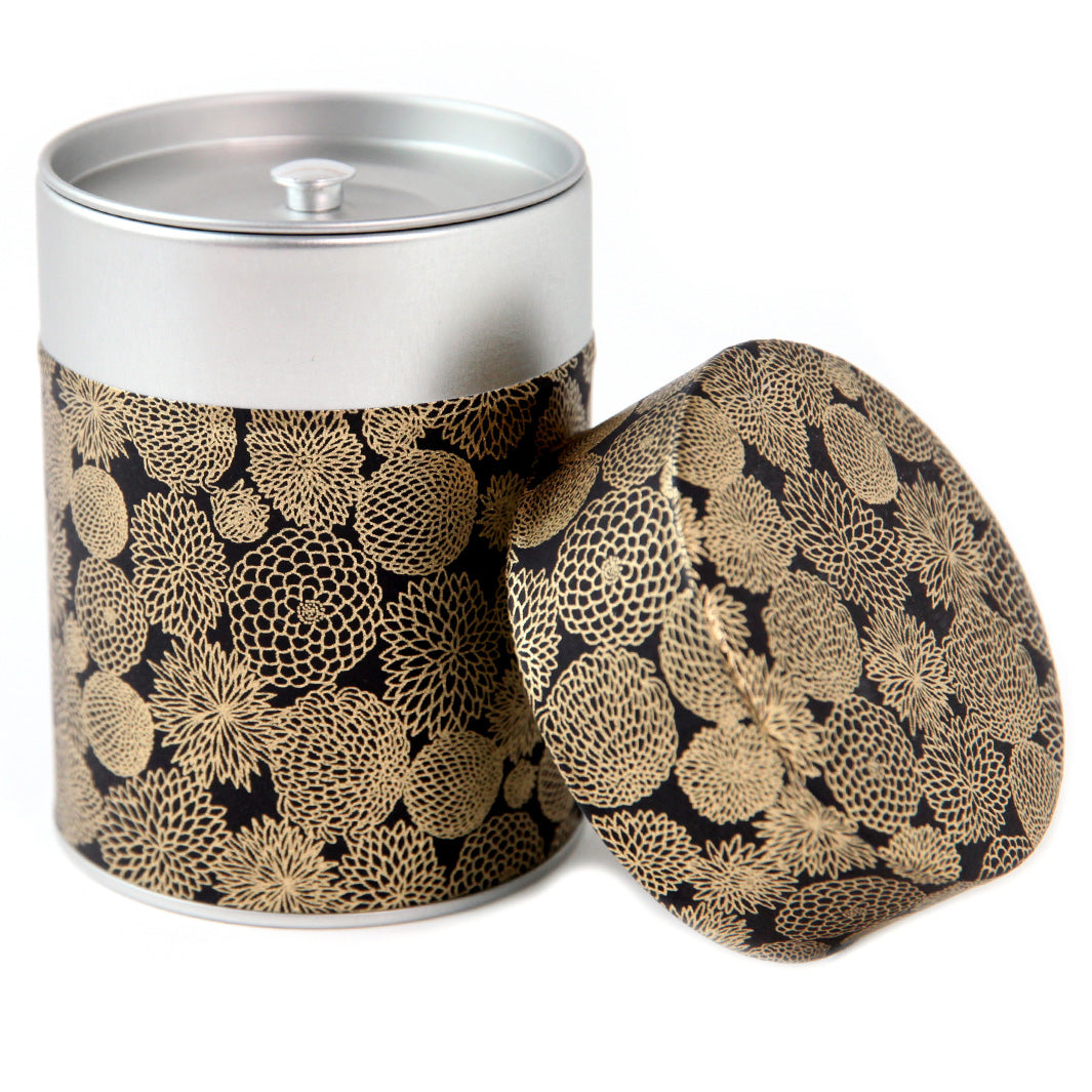 Boîte à Thé Cylindre - Fleurs Pompons - Noir et Or - M869