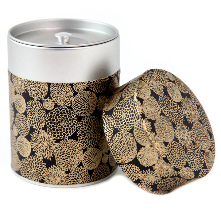 Boîte à Thé Cylindre - Fleurs Pompons - Noir et Or - M869