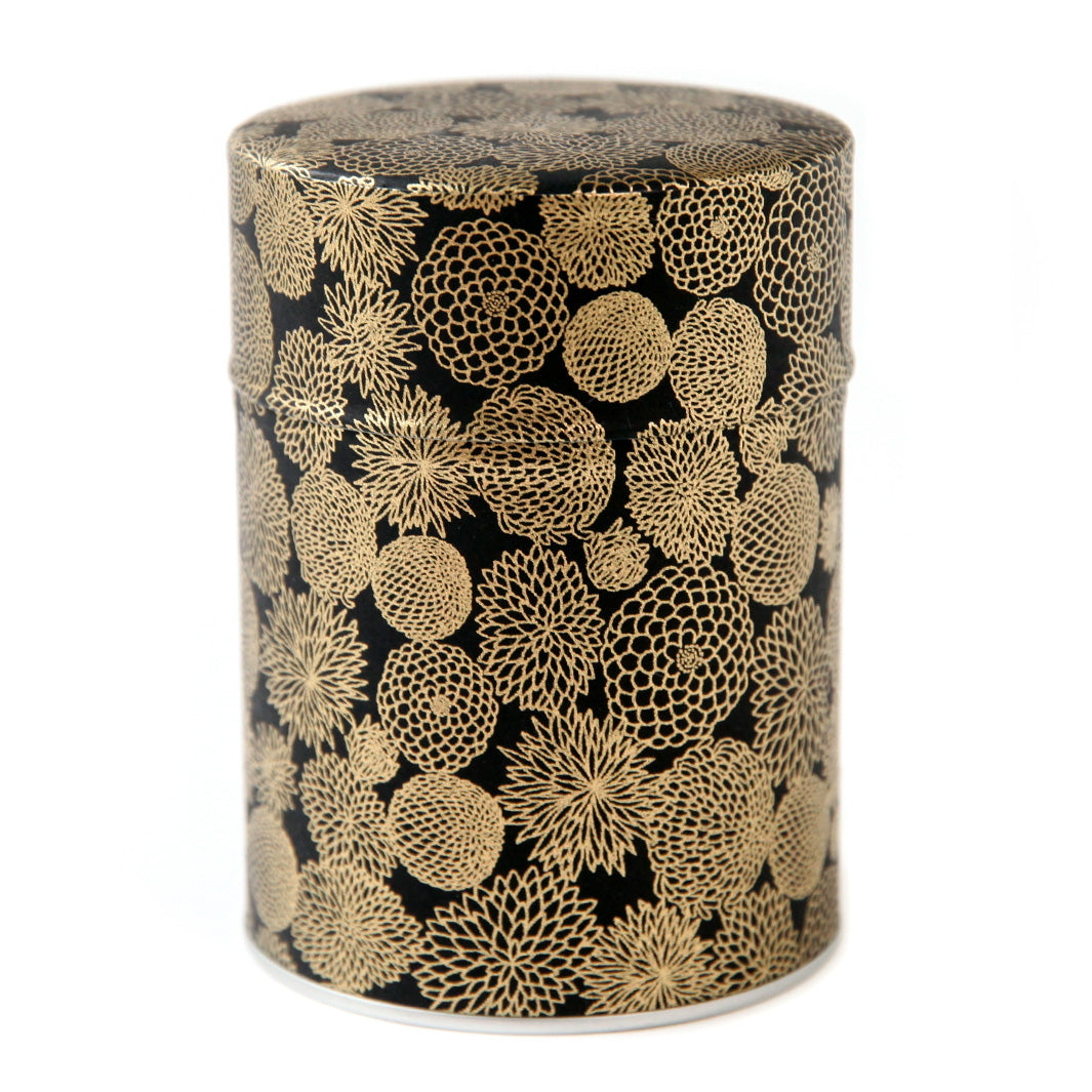 Boîte à Thé Cylindre - Fleurs Pompons - Noir et Or - M869