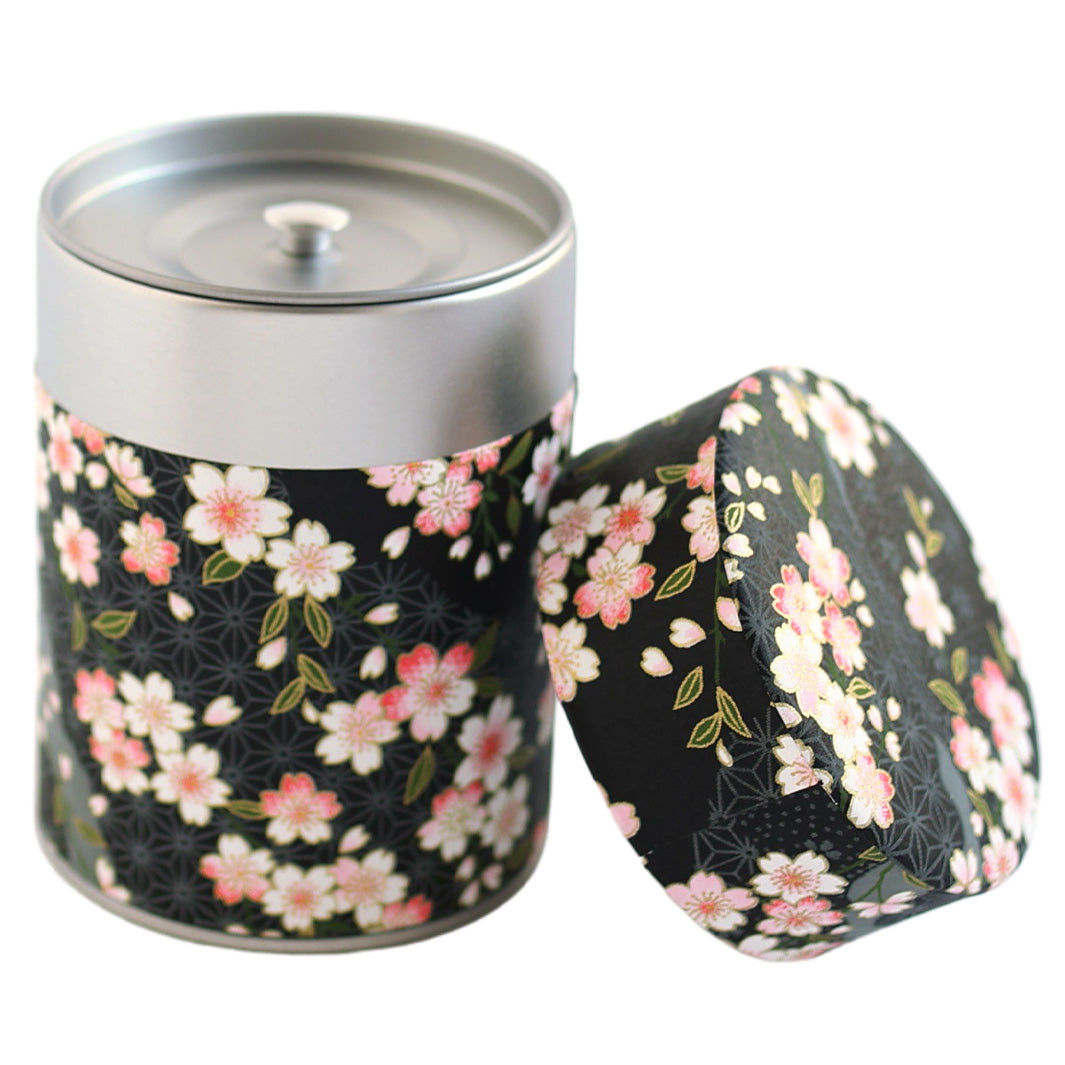 Boîte à Thé Cylindre - Fleurs de Cerisier et Motifs Variés - Noir - M886
