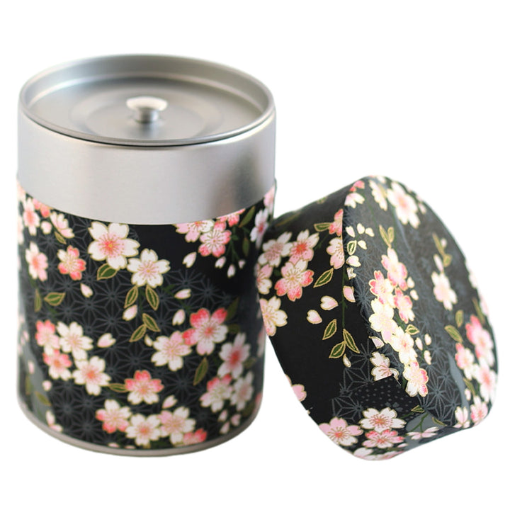 Boîte à Thé Cylindre - Fleurs de Cerisier et Motifs Variés - Noir - M886