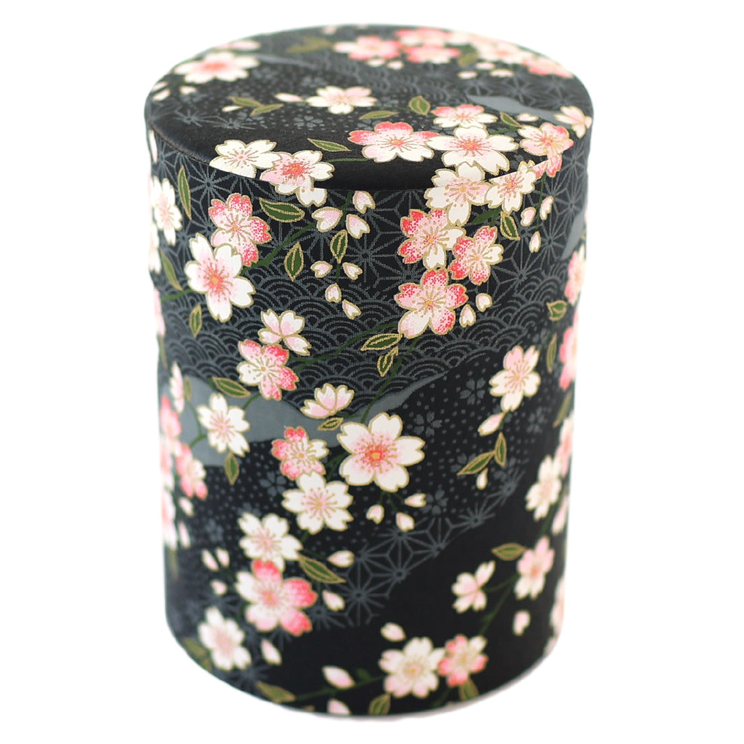 Boîte à Thé Cylindre - Fleurs de Cerisier et Motifs Variés - Noir - M886
