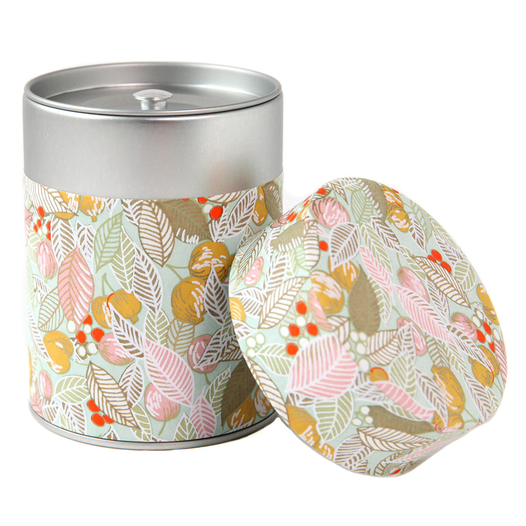 Boîte à Thé Cylindre - Feuilles, Baies et Fruits - Vert Sauge, Rose et Jaune Paille - M898