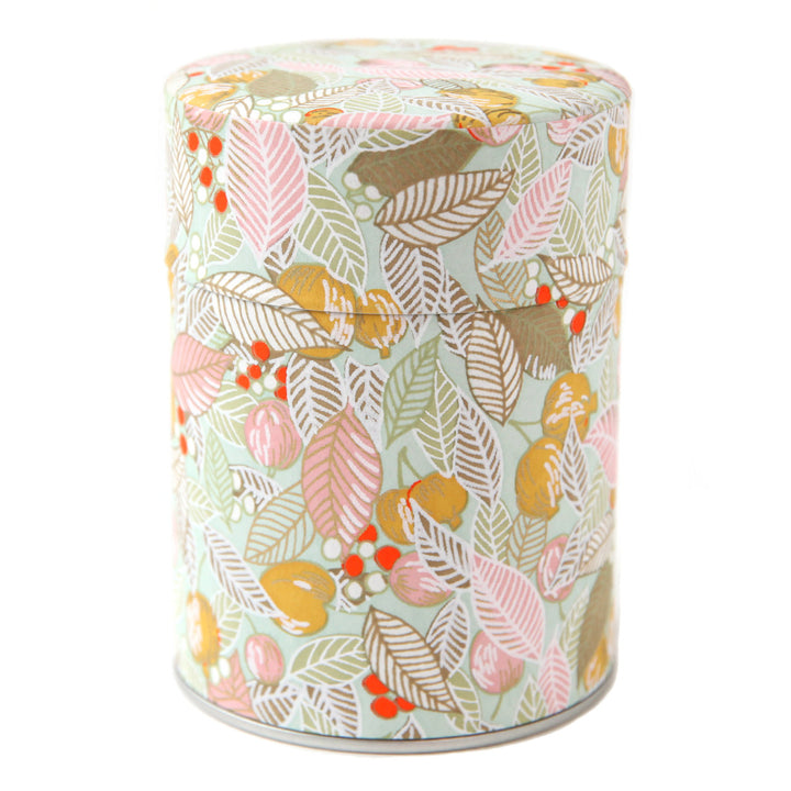 Boîte à Thé Cylindre - Feuilles, Baies et Fruits - Vert Sauge, Rose et Jaune Paille - M898