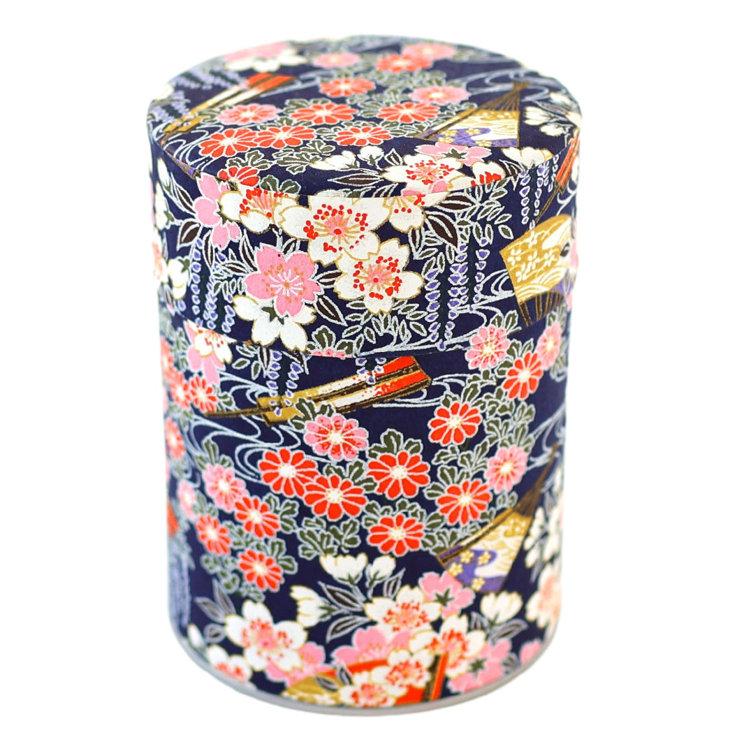 Boîte à Thé Cylindre - Fleurs de Cerisier, Chrysanthèmes, Glycines et Éventails - Violet, Rose, Blanc et Rouge - M908
