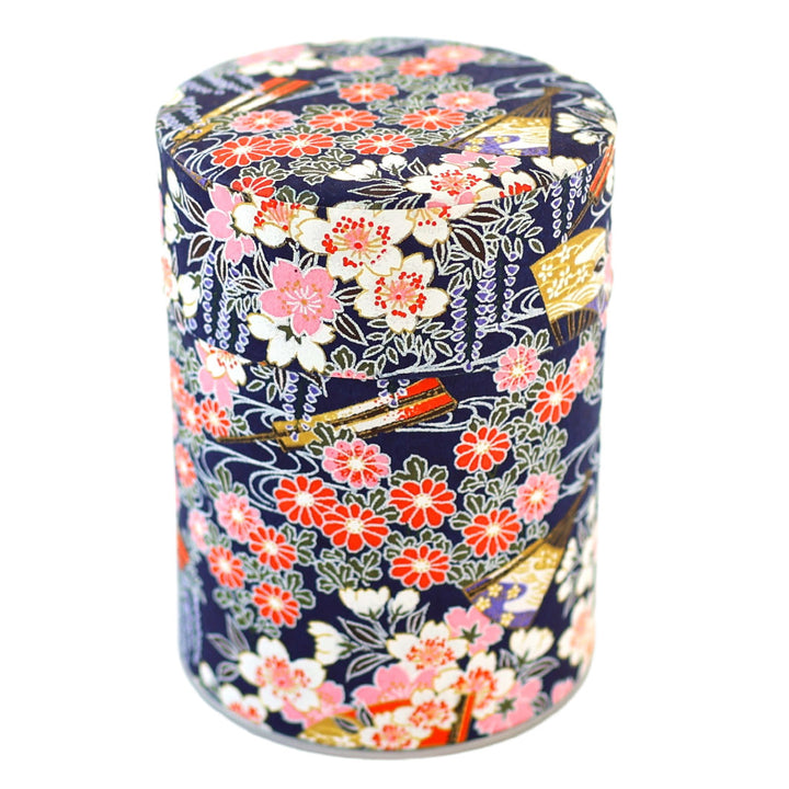 Boîte à Thé Cylindre - Fleurs de Cerisier, Chrysanthèmes, Glycines et Éventails - Violet, Rose, Blanc et Rouge - M908