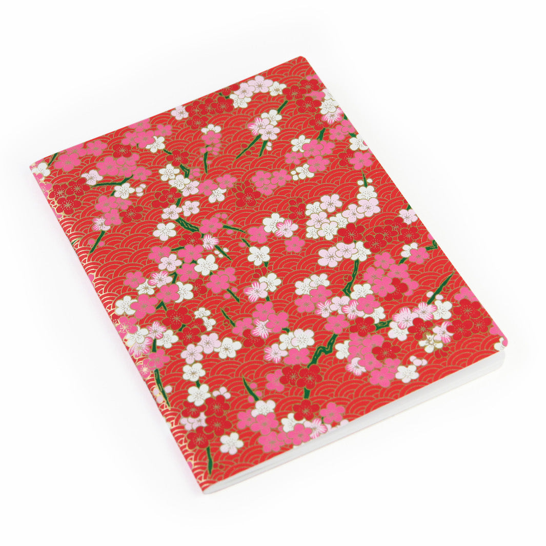 Carnet Papier Japonais - Fleurs de Prunier et Vagues Graphiques - Rouge, Rose et Doré - M919