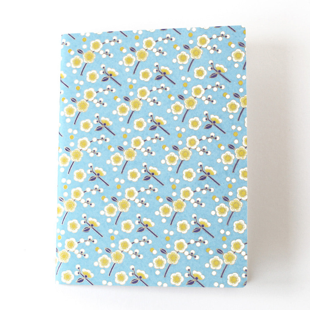 Carnet Papier Japonais - Fleurs de pruniers simples - Bleu Ciel, Jaune et Violet - M824