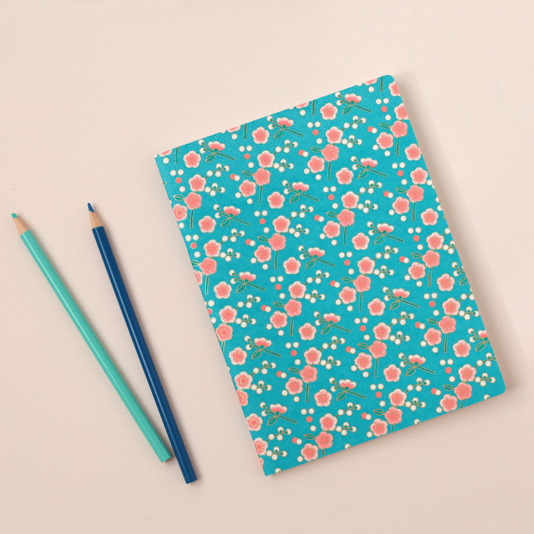 Carnet Papier Japonais - Fleurs de pruniers simples - Bleu, Corail et Vert - M831