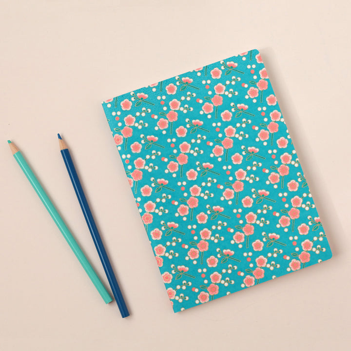 Carnet Papier Japonais - Fleurs de pruniers simples - Bleu, Corail et Vert - M831