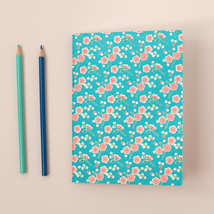 Carnet Papier Japonais - Fleurs de pruniers simples - Bleu, Corail et Vert - M831