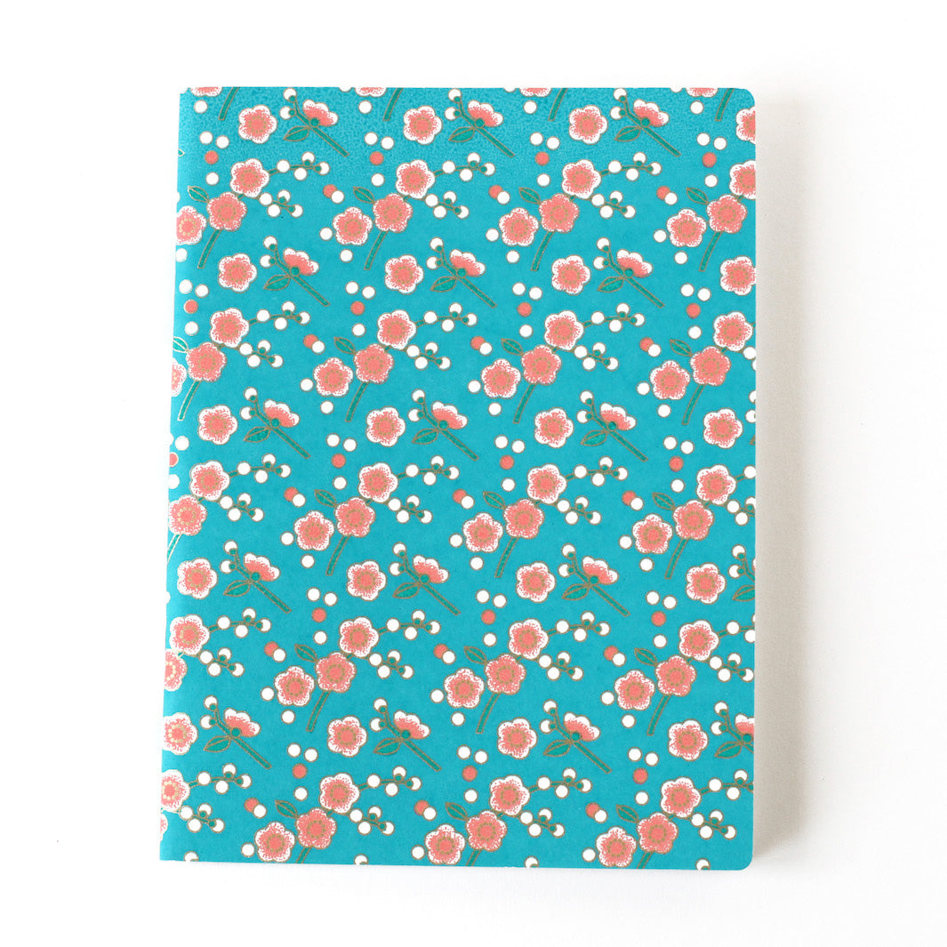 Carnet Papier Japonais - Fleurs de pruniers simples - Bleu, Corail et Vert - M831