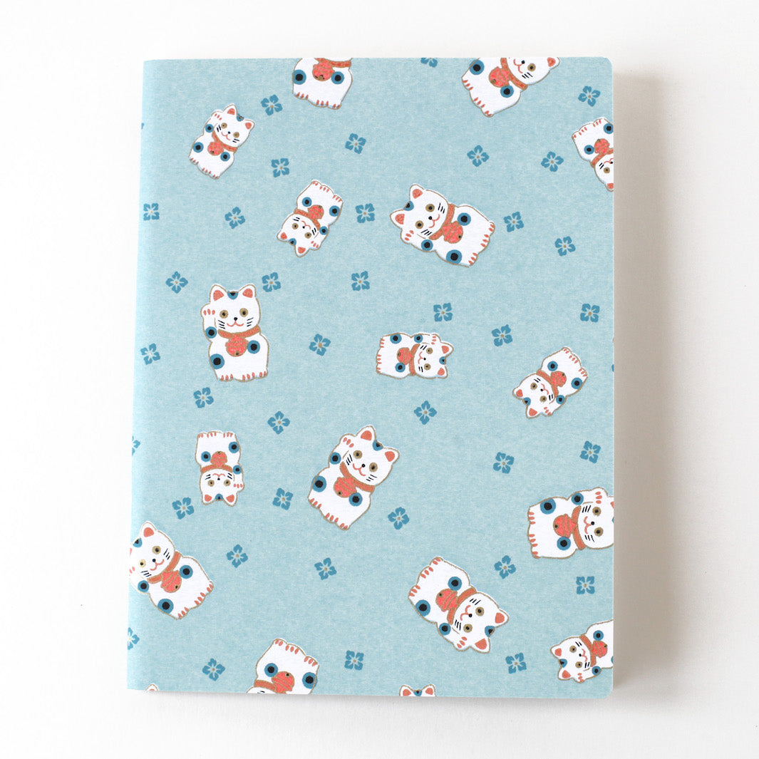 Carnet Papier Japonais - Maneki Neko - Bleu Gris Clair, orange  - M840