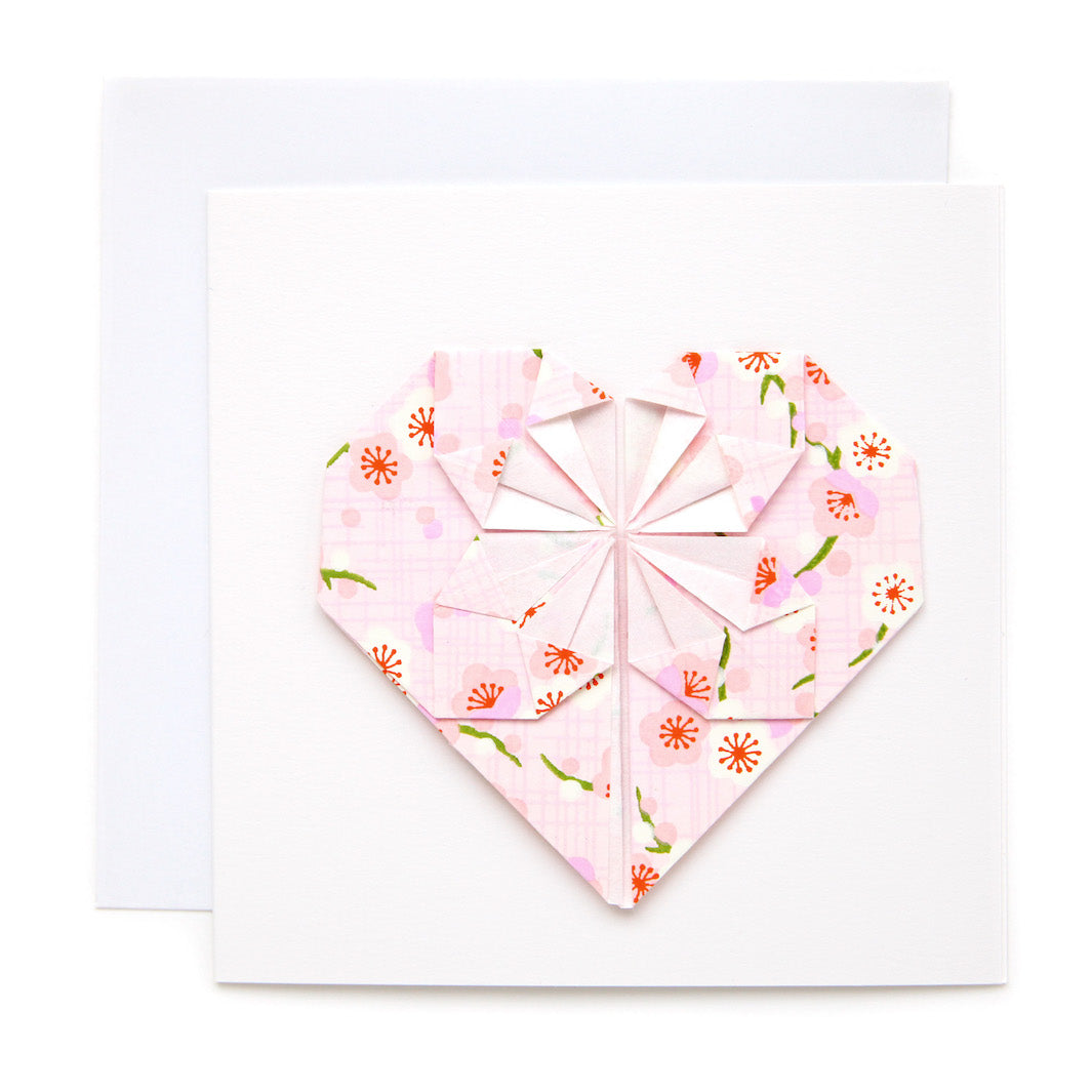 Carte - Coeur en Origami - Fleurs de Prunier Rétro, Rose Pâle - M797