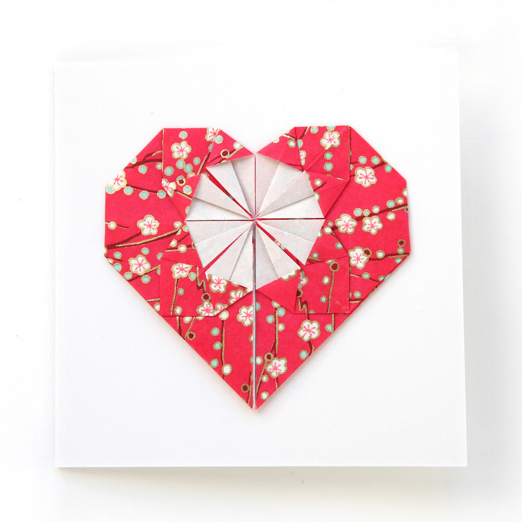 Carte - Coeur en Origami - Branche en Fleurs - Magenta - M617