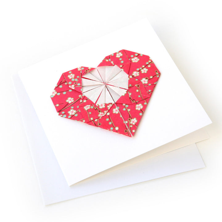 Carte - Coeur en Origami - Branche en Fleurs - Magenta - M617