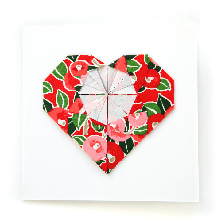 Carte - Coeur en Origami - Camélias - Rouge, Corail, et Vert - M937