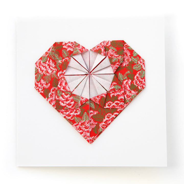 Carte - Coeur en Origami - Chrysanthème Ajania - Rouge, Rose et Vert - M938