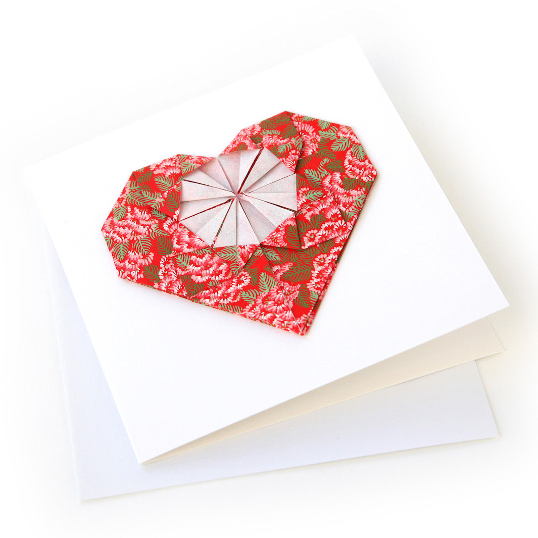 Carte - Coeur en Origami - Chrysanthème Ajania - Rouge, Rose et Vert - M938