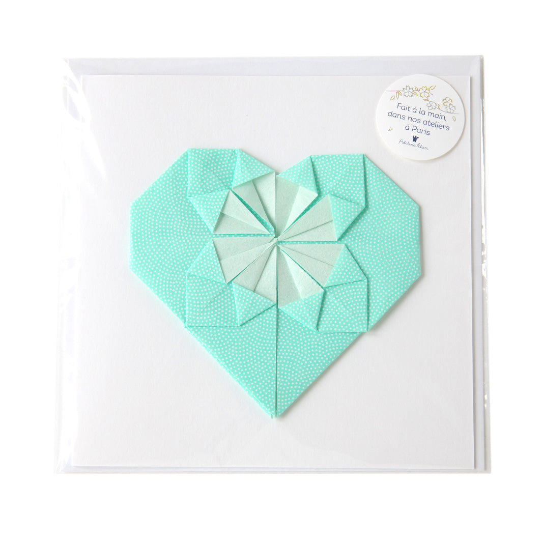 Carte - Coeur en Origami - Samekomon, Vert d'Eau et Blanc - M599
