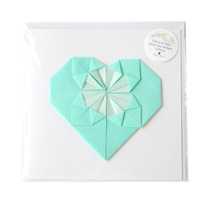 Carte - Coeur en Origami - Samekomon, Vert d'Eau et Blanc - M599