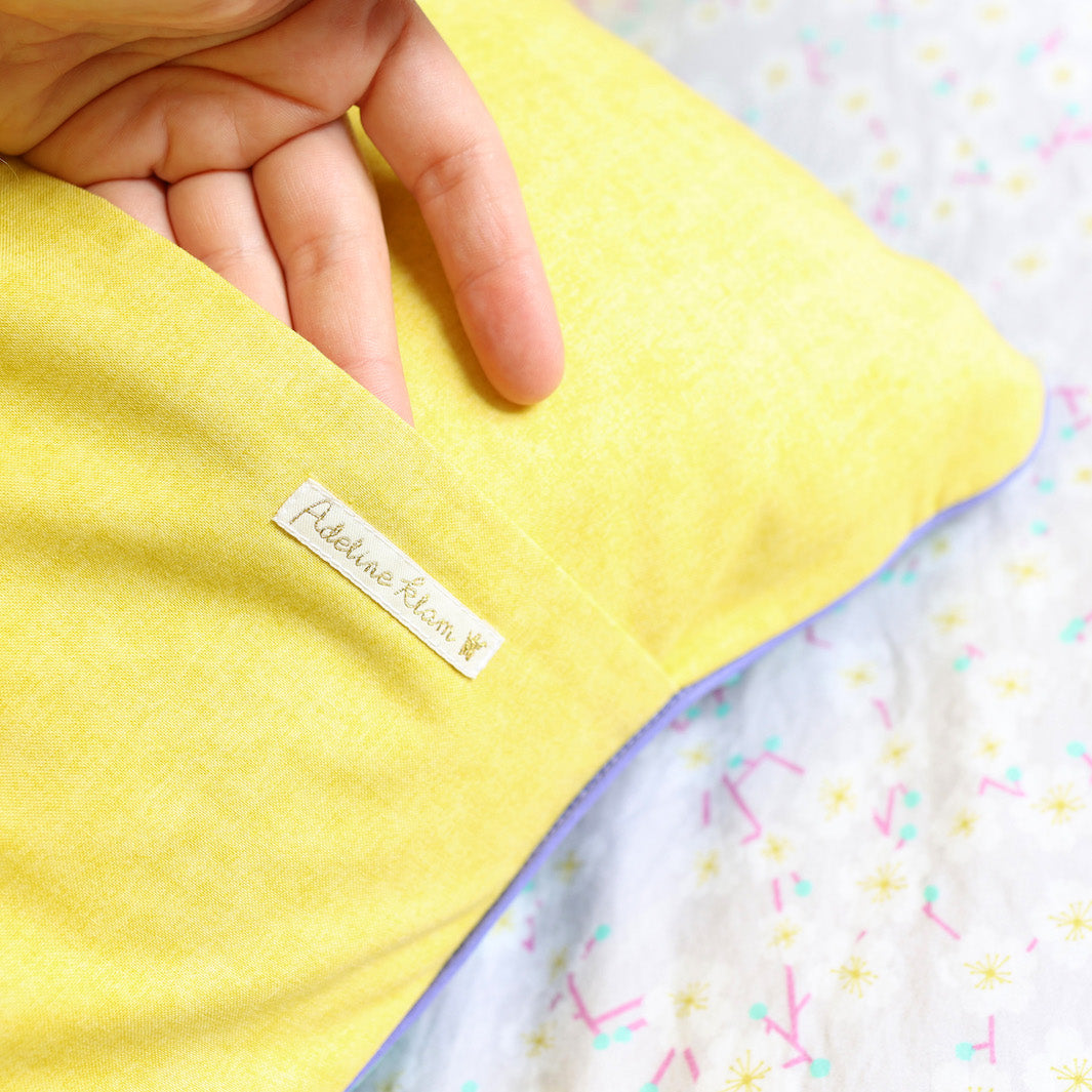 Grand Coussin Carré en Tissu - Gros Branchages et Uni - Bleu, Vert et Jaune