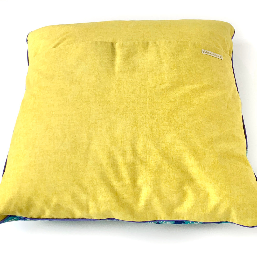 Grand Coussin Carré en Tissu - Gros Branchages et Uni - Bleu, Vert et Jaune