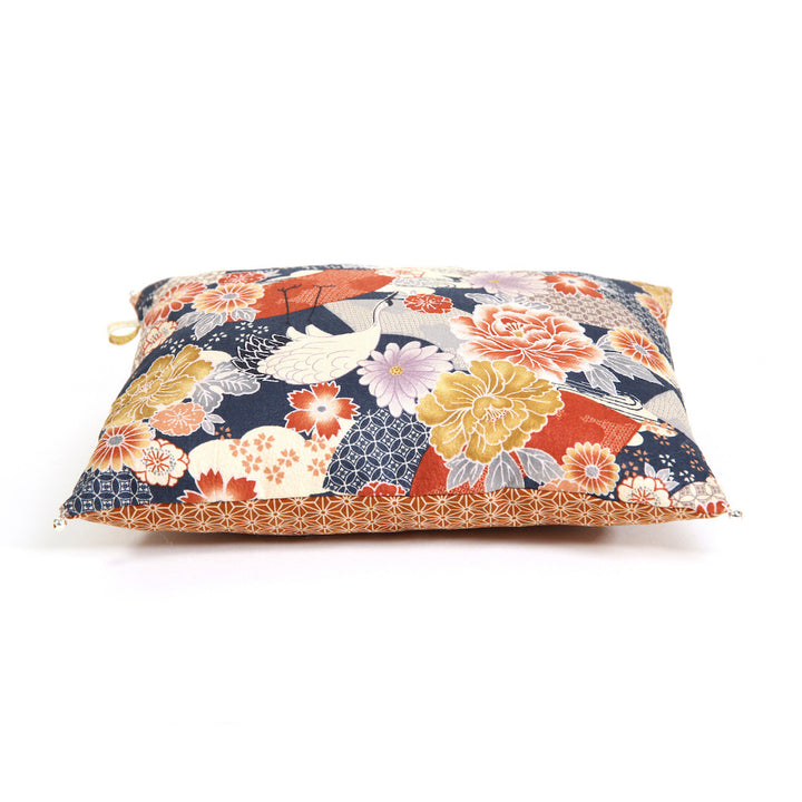 Coussin en Tissus Japonais - Grues, Camélias et Étoiles - Bleu Marine et Brique
