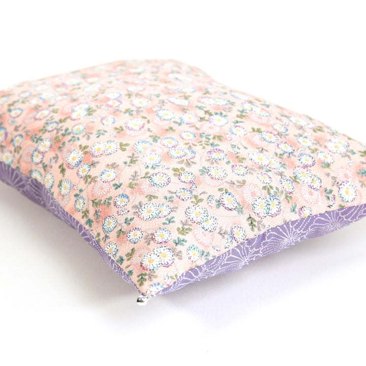 Coussin en Tissus Japonais - Chrysanthèmes et Éventails Fleuris - Rose et Mauve