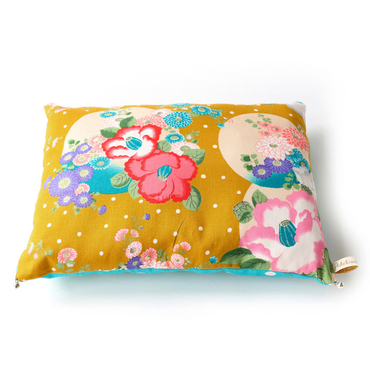 Coussin en Tissus Japonais - Fleurs Variées et Pois - Jaune Moutarde, Rose, Violet et Bleu Turquoise