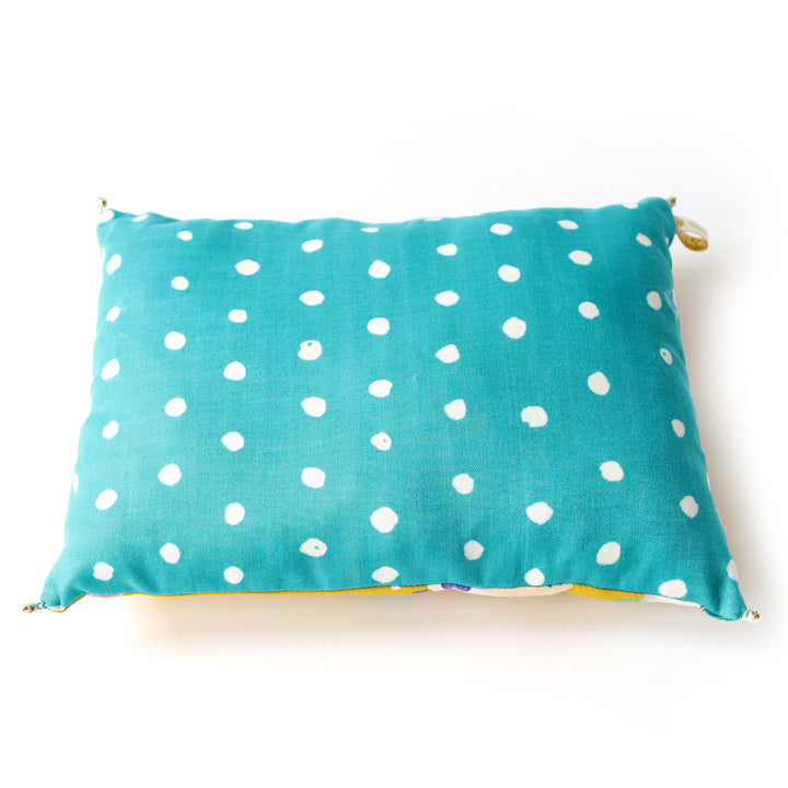 Coussin en Tissus Japonais - Fleurs Variées et Pois - Jaune Moutarde, Rose, Violet et Bleu Turquoise