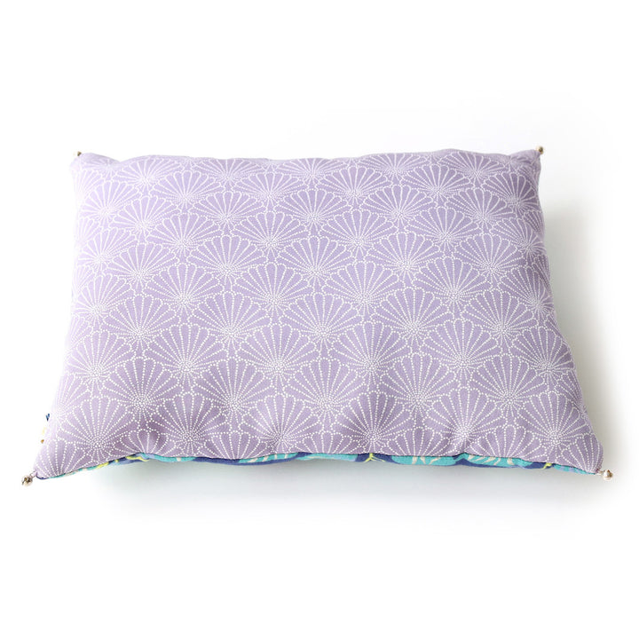 Coussin en Tissus Japonais - Gros Branchages et Écailles Coquillage - Bleu, Vert, Jaune et Parme