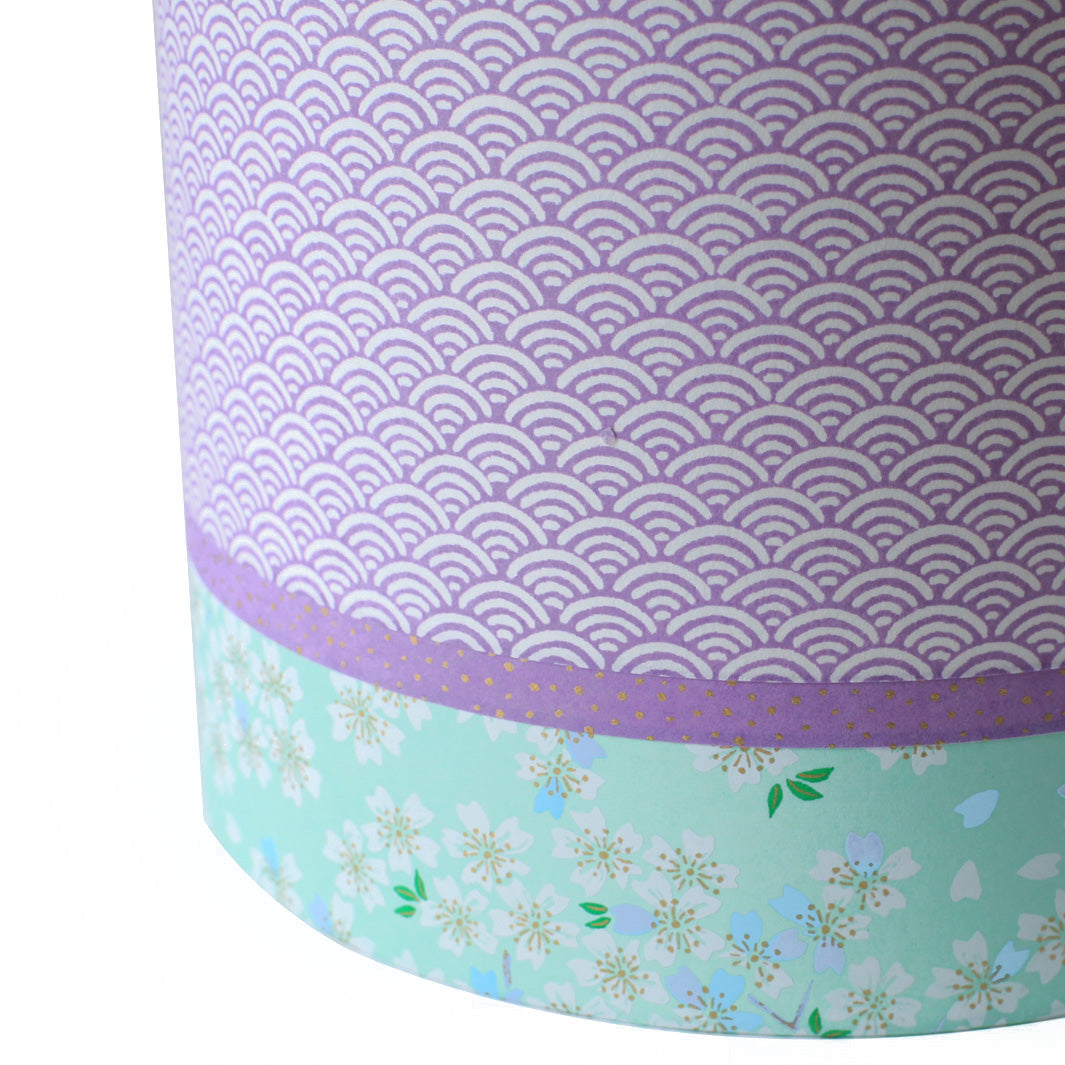Abat-jour japonais cylindrique 3 bandes - Vagues Mauves & Fleurs de Cerisier Blanches, Fond Vert d'eau - M833 et M626