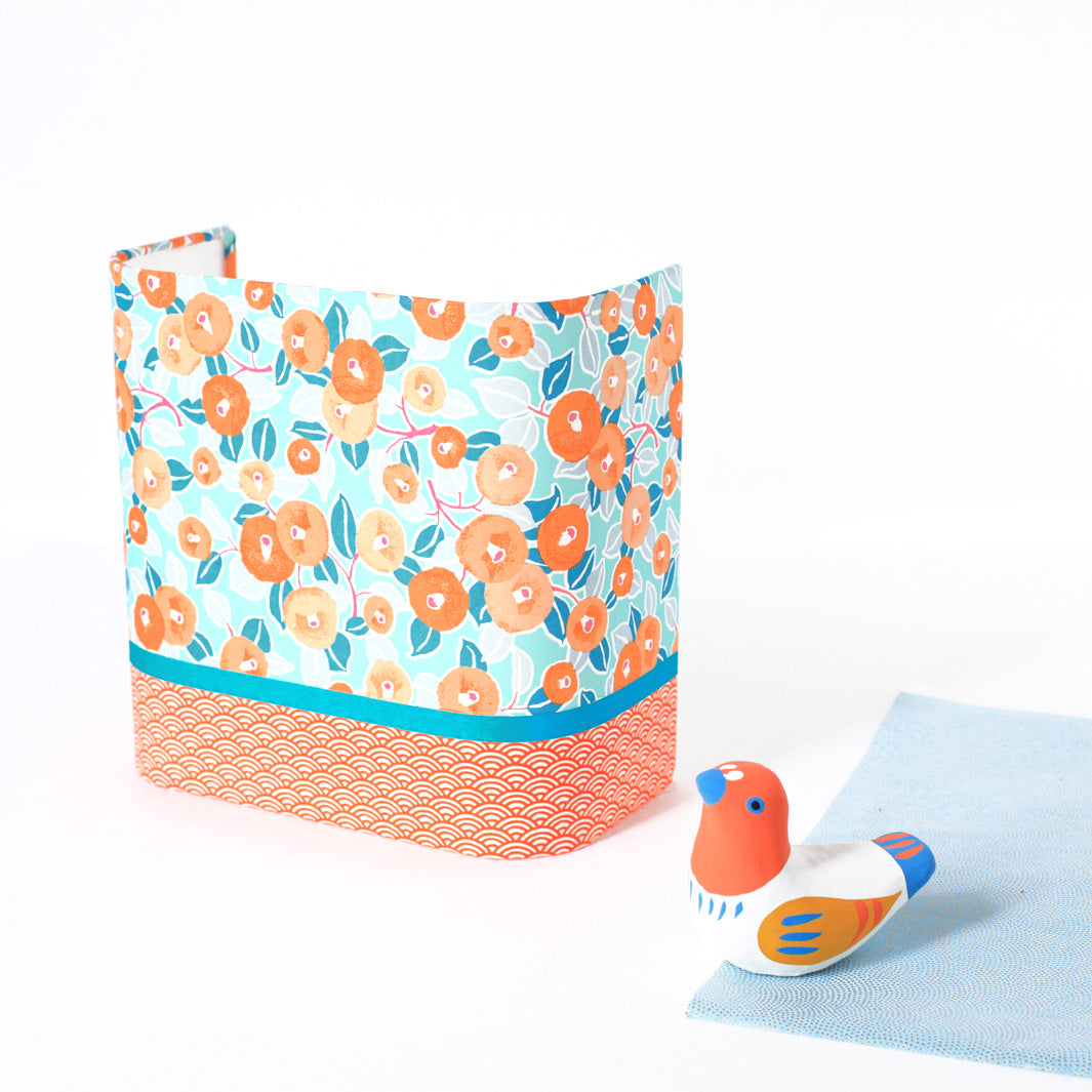 Papier Japonais - Camélias - Vert d'Eau, Orange et Bleu Gris - M807