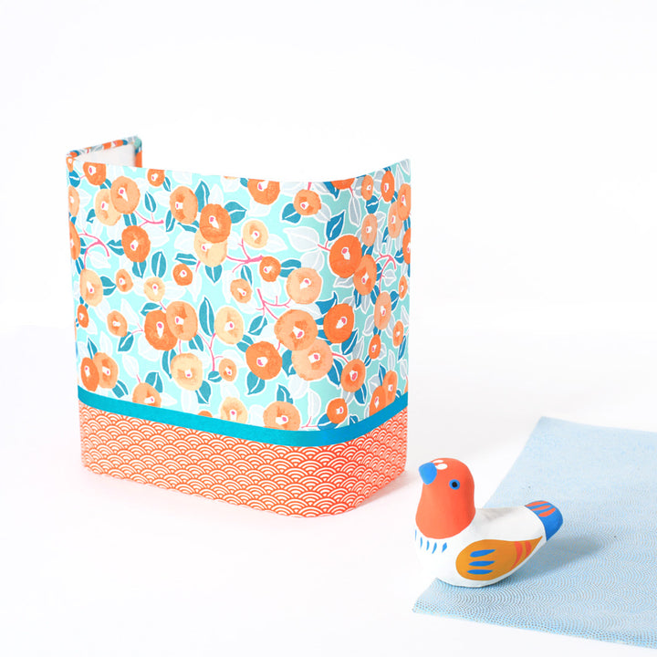Papier Japonais - Camélias - Vert d'Eau, Orange et Bleu Gris - M807
