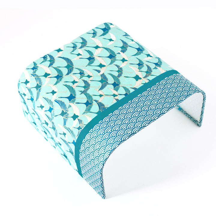 Applique murale japonaise 3 bandes - Envolée de Grues Bleues Canard, Fond Vert d'eau & Vagues Bleues Canard - M827 et M651